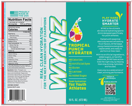WNZ Tropical Punch Hydrater label with nutritional information and branding details.